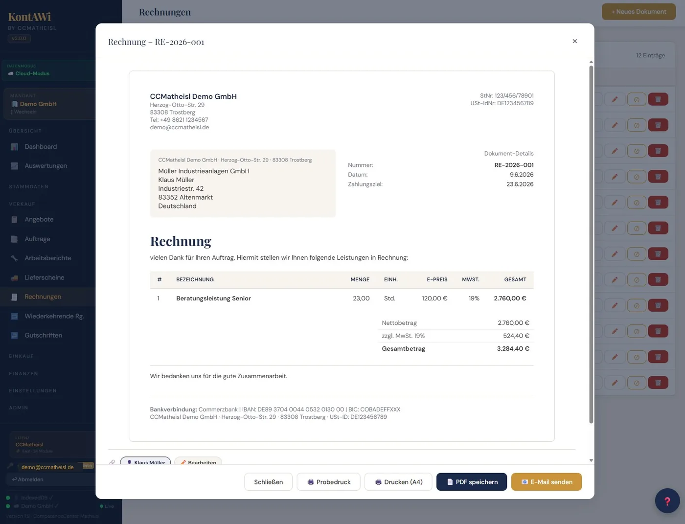 KontAWi Rechnungsansicht mit Positionen, Summen und Belegdetails