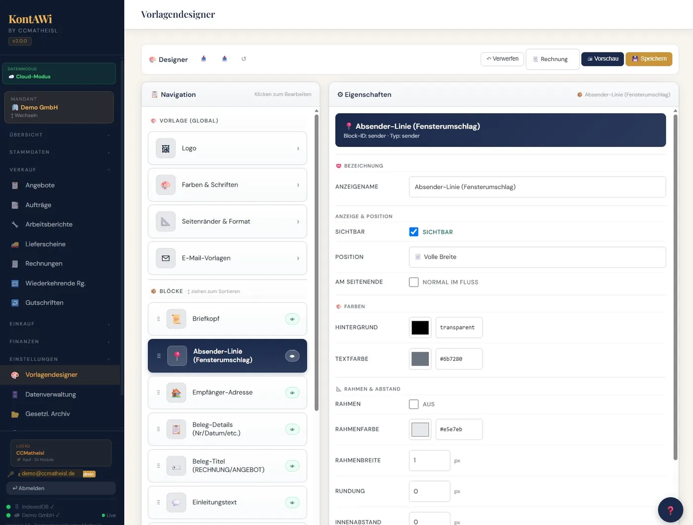 KontAWi Vorlagendesigner mit A4-Vorschau einer Rechnung im eigenen Design